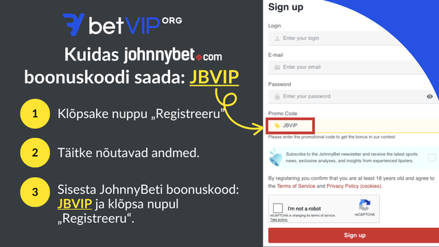 Johnnybeti boonuskoodi registreerimine